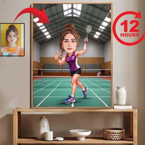 Personalized badminton Player Cartoon Portrait badminton Caricature Gift for badminton Player badminton Cartoon Custom Cartoon gift for her