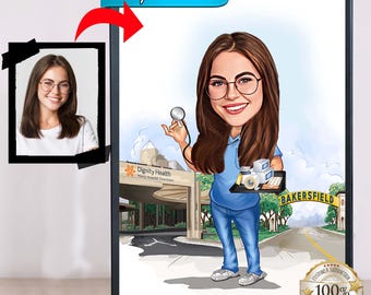 Retrato de enfermera estilo caricatura personalizado a partir de una foto, regalo de caricatura médica (descarga digital)