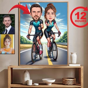 Custom Cyclist Couple Cartoon Portrait, Couple Portrait, Couple Gift, Couple Caricature, Family Portrait, Biker Caricature, Anniversary Gift