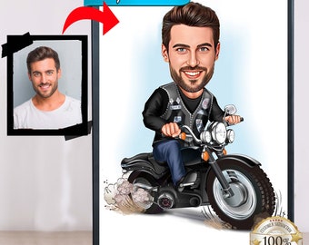 Regalo per motociclisti, Caricatura di motociclisti da foto, Disegno divertente di motociclisti, Ritratto digitale di moto, Amanti dei motociclisti