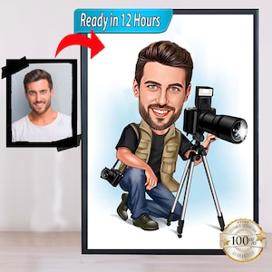Cameraman caricature art, photographer gift, cameraman caricature, cinematographer gift, filmmaker gift, digital portrait
