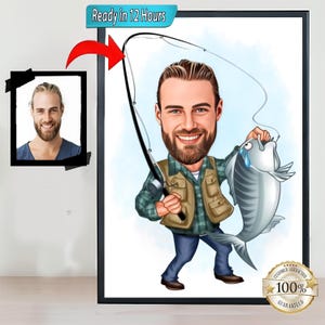 Ritratto di pescatore personalizzato, caricatura di pescatore personalizzata da foto, caricatura divertente di pescatore, regalo per pescatore.