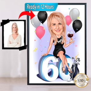 Caricature de 60e anniversaire à partir de photos Joyeux anniversaire portrait en dessin animé cadeau n'importe quel cadre d'anniversaire, caricature à partir d'une photo