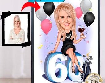 60th Birthday Caricature from Photos Happy Birthday Cartoon Portrait Gift Any Birthday Frame, Caricature from Photo Picture