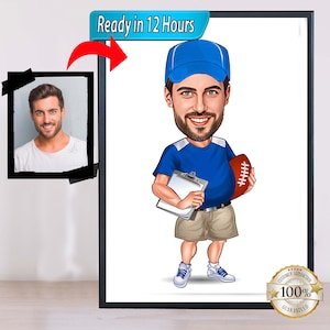Rugby Coach Cartoon Portrait Drawing from Photo, Gift for Rugby Coach, Rugby Coach Retirement Gift, Rugby Coach Caricature Drawing