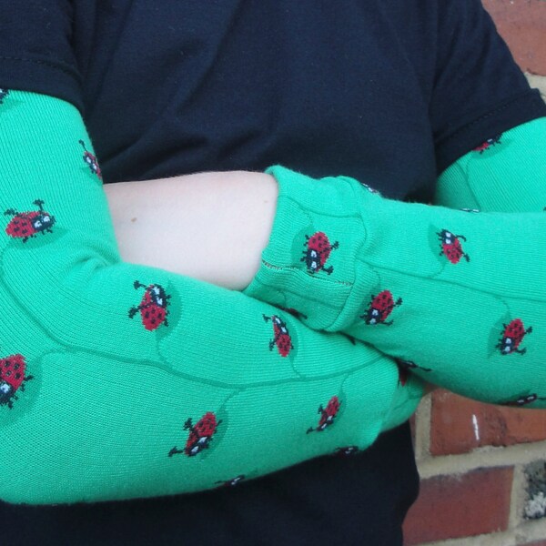 LADYBUGS on Leafs - KOOL KID Arm / Leg Warmers for Baby, Toddler, Child, Tween Boy or Girl - Fun and Functional Fashion