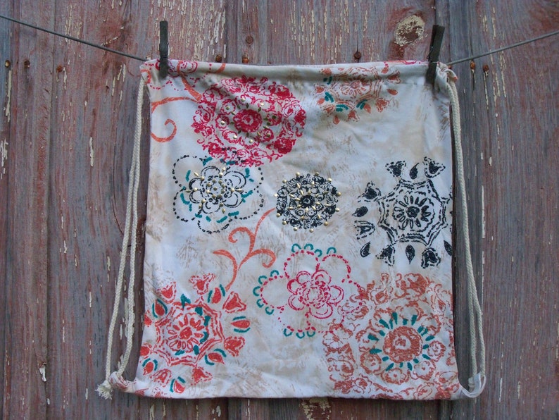 17x18 Studded Floral Handmade Drawstring Backpack upcycled Recycled t-shirt