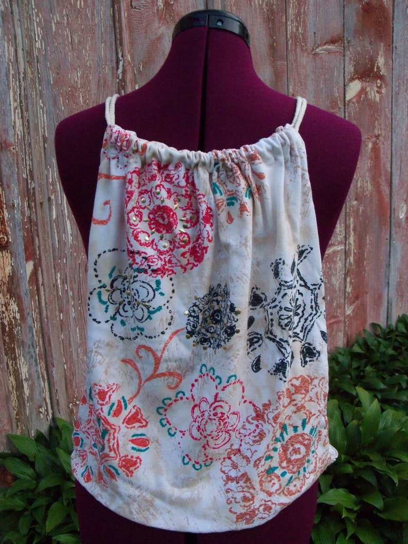 17x18 Studded Floral Handmade Drawstring Backpack upcycled Recycled t-shirt