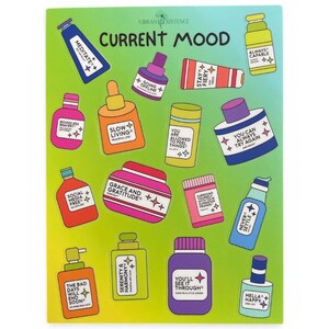 May include: A sticker sheet with a gradient background from green to blue, featuring the words "Current Mood". It displays various illustrated bottles and containers with phrases such as "Meditate", "Slow Living", and "You'll See It Through".