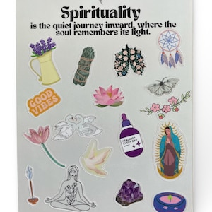 May include: A sticker sheet featuring spiritual and wellness-related images. Includes a dreamcatcher, lotus flower, and the text "Spirituality is the quiet journey inward, where the soul remembers its light."