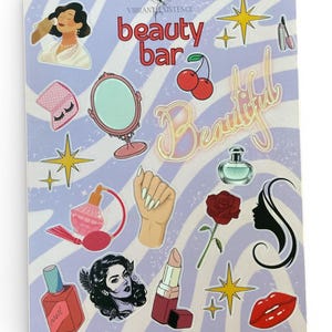 May include: A sticker sheet with beauty-themed illustrations, including makeup, perfume, and a mirror. The words "beauty bar" and "beautiful" are displayed. The background has a light purple and white striped pattern, with star and cherry accents.