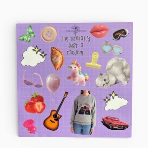 May include: A collection of assorted objects on a lilac background. Items include a butterfly, button, lips, goggles, heart pendant, cloud, sunglasses, strawberries, balloon, unicorn, guitar, sweatshirt with "Girl Squad" text, a car, and a hamster.