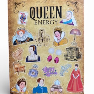 May include: A sticker sheet with a vintage design, showcasing illustrations of queens, a chandelier, and a perfume bottle. The text "QUEEN ENERGY" is displayed, alongside "Yass Queen". The background has a textured, sepia tone.