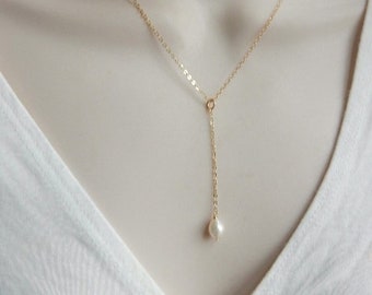 14K gold filled pearl necklace,  lariat  pearl necklace, pearl drop necklace, simple, minimalist, wedding jewelry