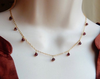 14K gold filled Garnet  necklace, Dangling faceted garnet beads  gold necklace,  gold garnet  necklace, wedding necklace, January birthstone