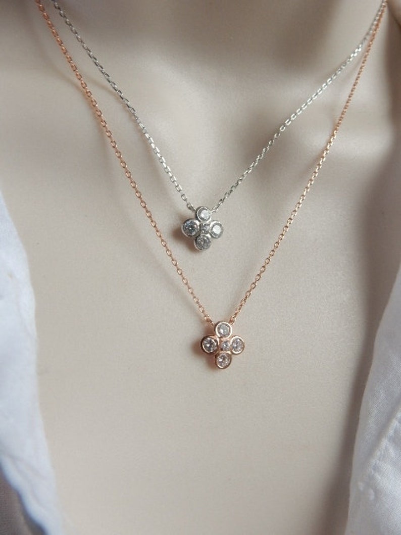 flower girl necklace Cubic zirconia flower necklace Rose Gold over .925 sterling sil 4 petals cz flower necklace Flower necklace