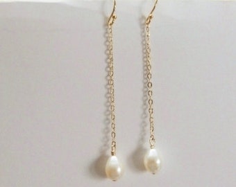14K gold filled chain and white freshwater pearl drop earrings,  drop pearl earrings, bridal earrings, gold filled earrings, june birthstone