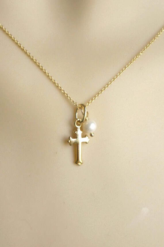 Gold Cross Necklace With Pearl Charm Fate Vermeil Image 0