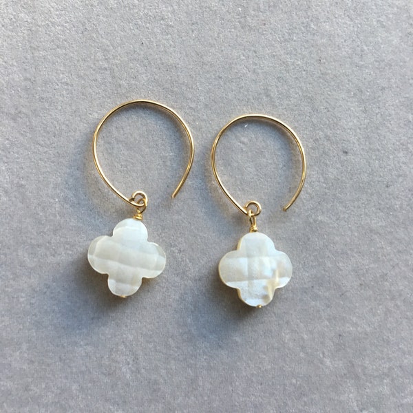 Clover earrings, White mother of pearl faceted clover earrings with 14K gold filled open hoop earwires, threader earrings