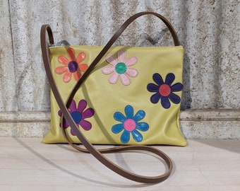 Sac à bandoulière en cuir marguerite jaune fabriqué à la main