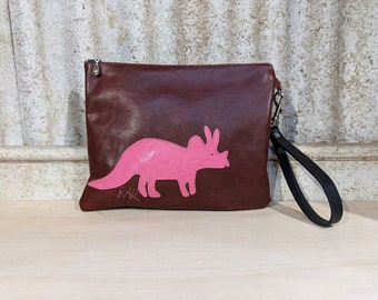 Pochette dinosaure en cuir marron et rose fabriquée à la main