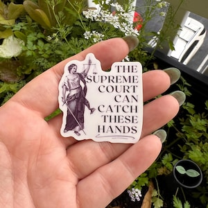 Op de afbeelding: Een witte sticker met een zwart-witte illustratie van een vrouw die een weegschaal vasthoudt. De tekst op de sticker luidt "The Supreme Court Can Catch These Hands."