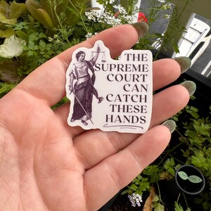 Op de afbeelding: Een witte sticker met een zwart-witte illustratie van de figuur van Justitia die een weegschaal en een zwaard vasthoudt. De tekst op de sticker luidt: "The Supreme Court Can Catch These Hands."