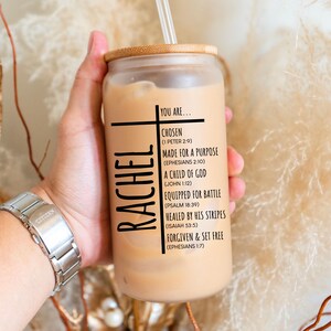 Personalized Bible Verse Glass Cup, Christian Iced Coffee Cup, 16oz Glass Can, Faith Gift for Women, Scripture Glass Tumbler