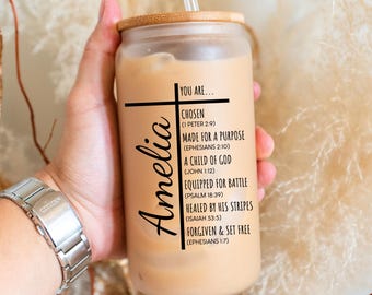 Personalized Bible Verse Glass Cup, Scripture Glass Tumbler, Christian Iced Coffee Cup, 16oz Glass Coffee Can, Faith Gift for Women