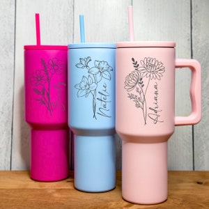 Personalized 40oz Tumbler With Handle Lid and Straw, Birth Flower Tumbler Bridesmaid Proposal Gifts for Her, Custom Tumbler with Name