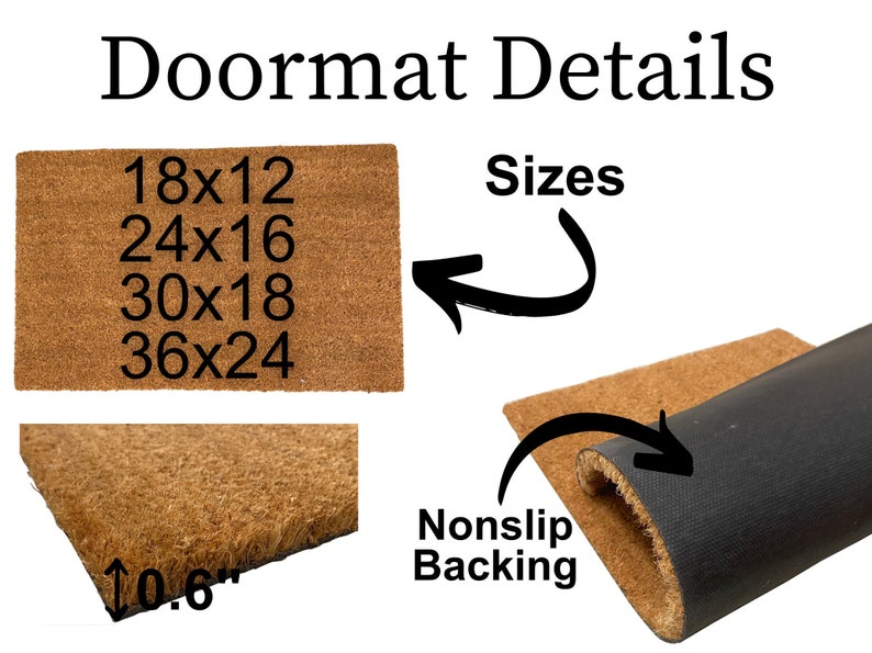 Op de afbeelding: Een bruine kokosmat met de tekst "18x12, 24x16, 30x18, 36x24" erop gedrukt. De mat heeft een antislip rug.