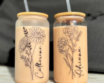 Personalized Iced Coffee Cup, Glass Coffee Can Glass with Lid and Straw, Bridesmaid Proposal Gift Glass Can Coffee Cup Birth Flower Gift