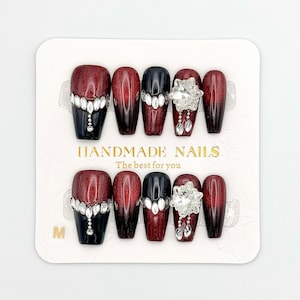 Red Black crystal press on nails |  Long Ballerina nails | 3D Nail Art | rhinestone nails | Luxury Nails | Prom Party Nails | MysticTouch