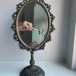 Vintage Ornate Vanity Mirror | Bronze Toned Metal Swivel Mirror | Victorian Style Vanity Mirror | Beveled Mirror