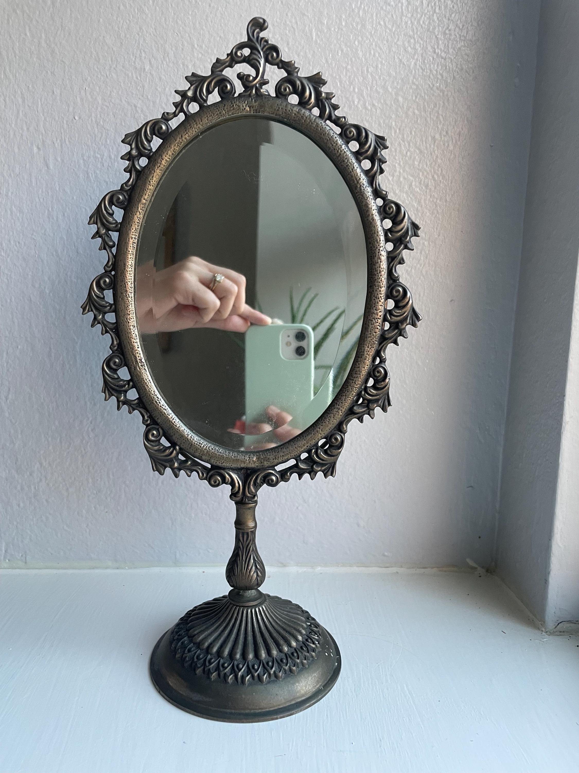 Vintage Ornate Vanity Mirror | Bronze Toned Metal Swivel Mirror | Victorian Style Vanity Mirror | Beveled Mirror