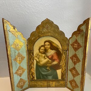 Tríptico florentino italiano antiguo de María y el Niño Jesús / Arte religioso católico
