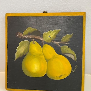 Vintage Pear Still Life Painting on Wood Panel
