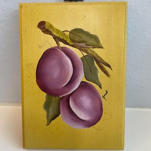 Vintage Plum Still Life Painting on Wood Panel