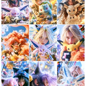 May include: A collage of nine distinct digital illustrations featuring various anime-style characters interacting with colorful creatures. Each panel showcases a different character paired with a creature, including Espeon, Bulbasaur, Mimikyu, Vulpix, Pikachu, Jigglypuff, Gengar, and Glaceon, rendered in vibrant, detailed artistic styles.