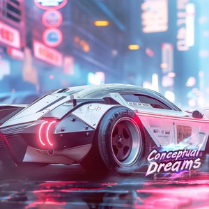May include: A white futuristic sports car with red neon lights and a black stripe, parked on a wet street in a city with neon lights. The car has the text "Conceptual Dreams" on the side.