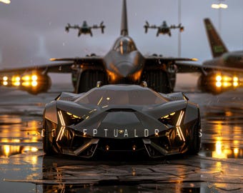 Cyberpunk Lamborghini Poster | Futuristic Fighter Jet x Lambo Concept Art | Ai Generated | Lamborghini Temerario Prints