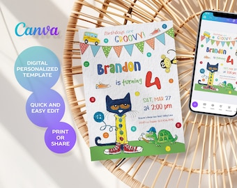 printable Pete the Cat Birthday Party Invitation, Editable Pete the Cat Invite, Party Invite Template, boy girl birthday