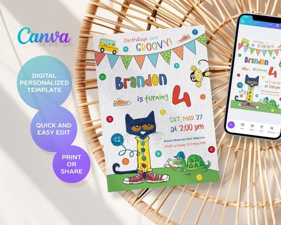 printable Pete the Cat Birthday Party Invitation, Editable Pete the Cat Invite, Party Invite Template, boy girl birthday