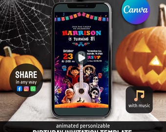 May include: A smartphone displaying a digital birthday invitation template featuring a dark background with colorful papel picado, a white guitar, and animated characters. The text reads Harrison is turning 8, October 23 at 2:00 PM.