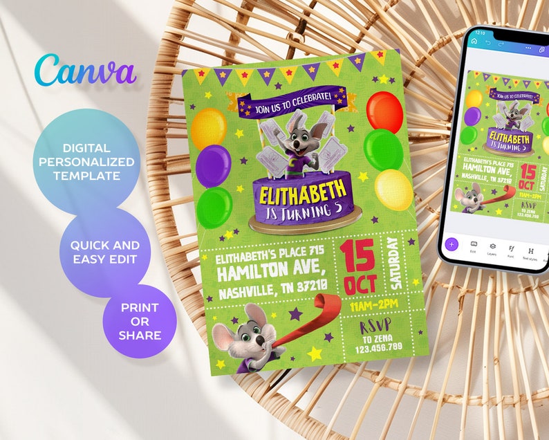 Chuck-e-cheese Editable Invitation, Printable Birthday Invite, Mouse ...