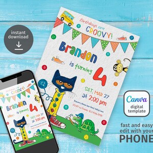 May include: A birthday party invitation with the text "Birthdays are GROOVY!" and "Brandon is turning 4". The invitation features a cartoon cat, a bus, and other colorful illustrations. A smartphone displays the same invitation.