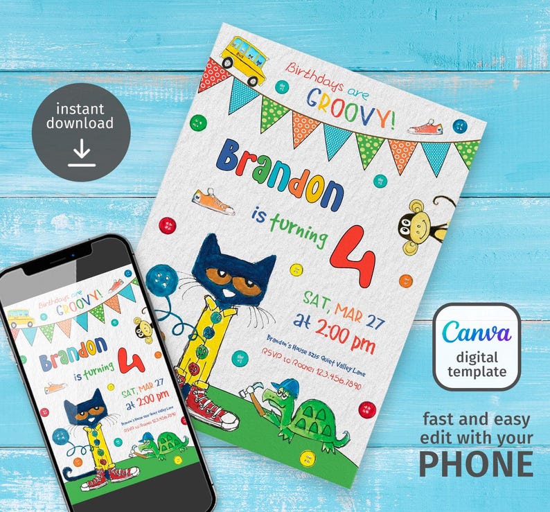 May include: A birthday party invitation with the text "Birthdays are GROOVY!" and "Brandon is turning 4". The invitation features a cartoon cat, a bus, and other colorful illustrations. A smartphone displays the same invitation.