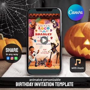 Può includere: Uno smartphone mostra un modello di invito di compleanno animato e colorato. Il design presenta personaggi e immagini del film Coco, con il testo "LOCO BRADLEY is TURNING 7". L'invito è ambientato su uno sfondo a tema Halloween.
