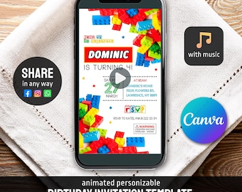 Building Blocks video invitation, Building Blocks invite, animated editable blocks Party invitation template, invite template