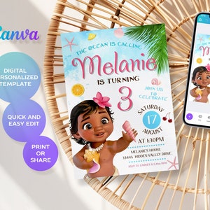Moana Printable invitation, Editable Invitation, hawaii Birthday Invitation, luau Party, editable te fiti birthday Party invite